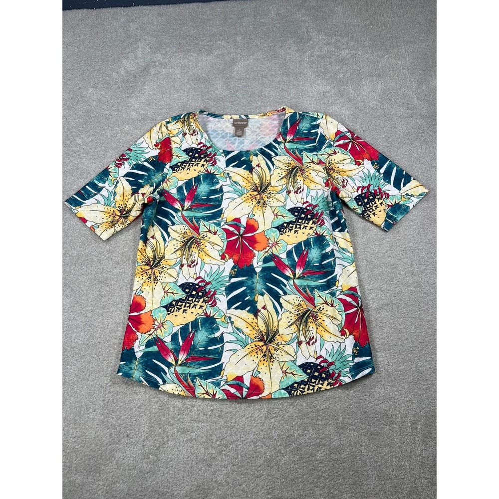 Chicos Tropical Floral Knit Top Womens 1 M Short Sleeve Scoop Neck - Picture 2 of 8
